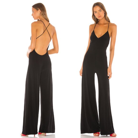 NEW Norma Kamali Low Back Slip Jumpsuit in Black Wide Leg Bell Bottom Backless - Picture 1 of 2